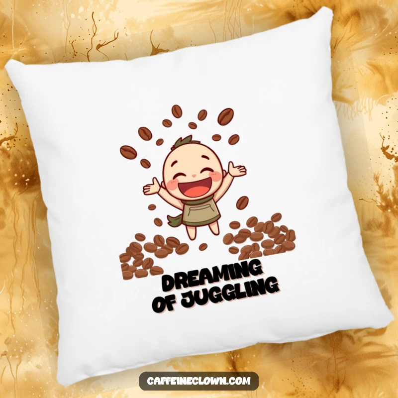 Funny Pillow: Character joyfully juggles a pile of coffee beans with a huge grin, a symbol of coffee happiness.