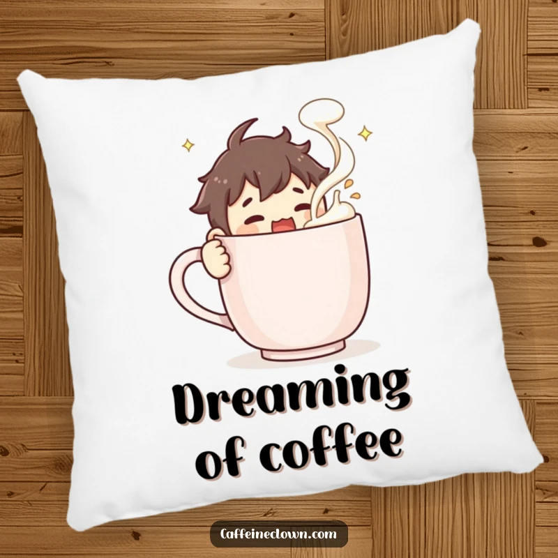 Funny Pillow: Character energetically stirs a super-sized steaming coffee mug with froth exploding, celebrating the power of coffee.