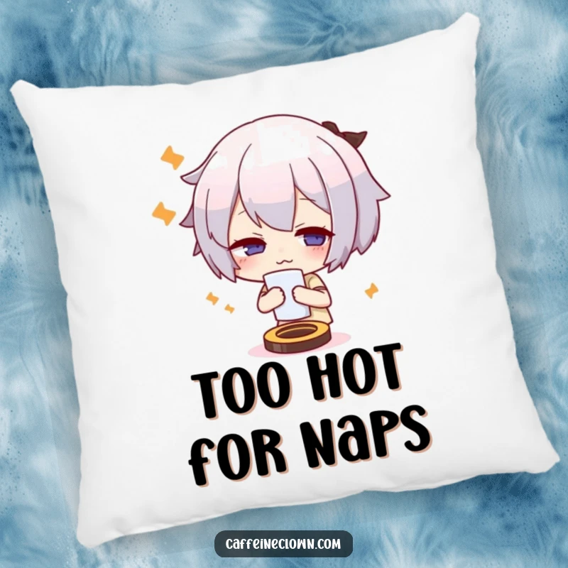 Funny throw pillow with a cute character fanning themself in a comical, overheated state, adding humor to home decor.