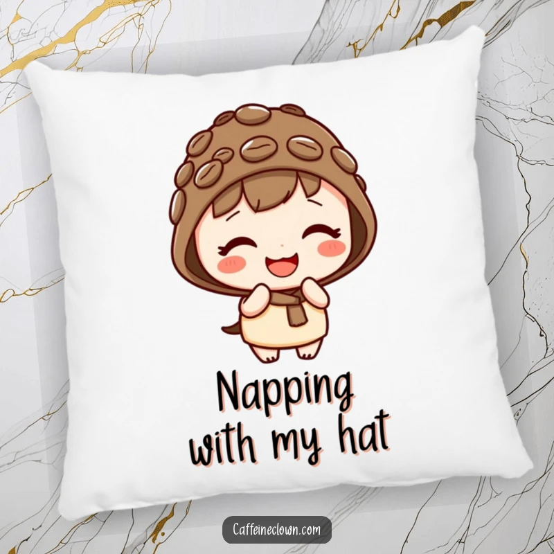 Funny throw pillow with a cute kawaii character wearing a coffee bean hat, giggling playfully, adding cheerful decor.