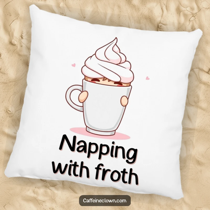 Funny Pillow showing a character spraying whipped cream from a coffee cup mid-sip, adding humorous decor.