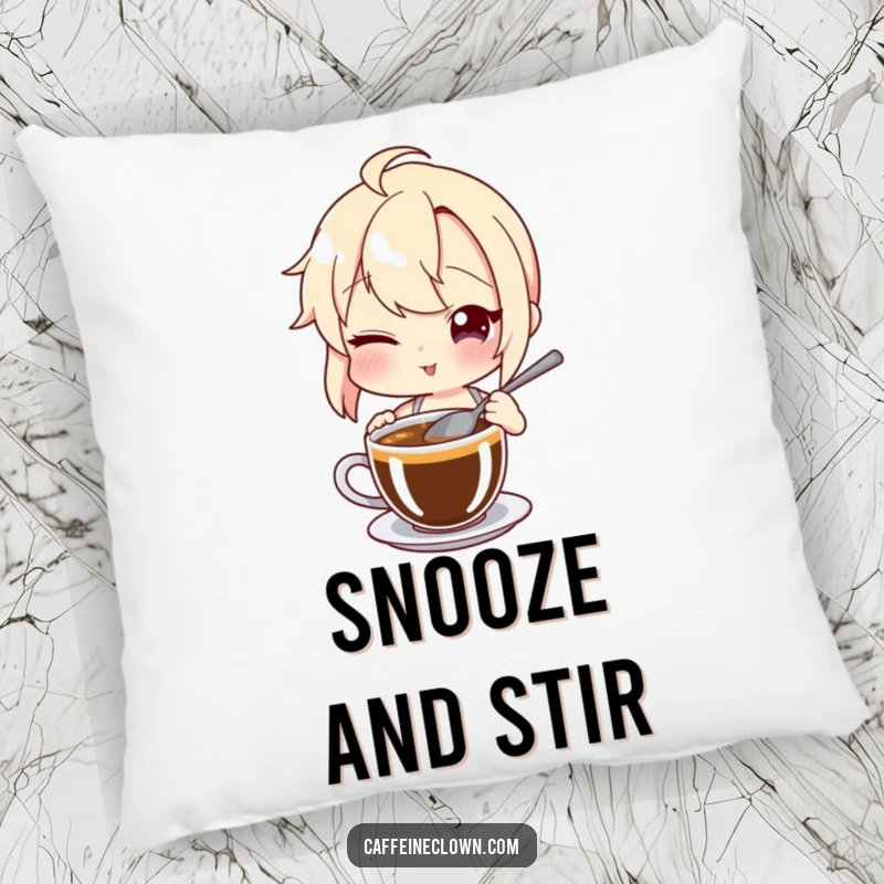 Funny Pillow: A character winks suggestively while stirring coffee, offering soft comfort and a hint of playful secrets.