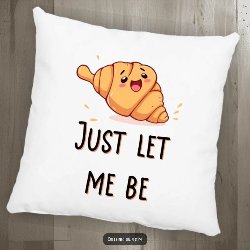 Funny croissant escape pillow with a clumsy croissant character rolling away from a giant rolling pin, a soft and humorous decorative item.