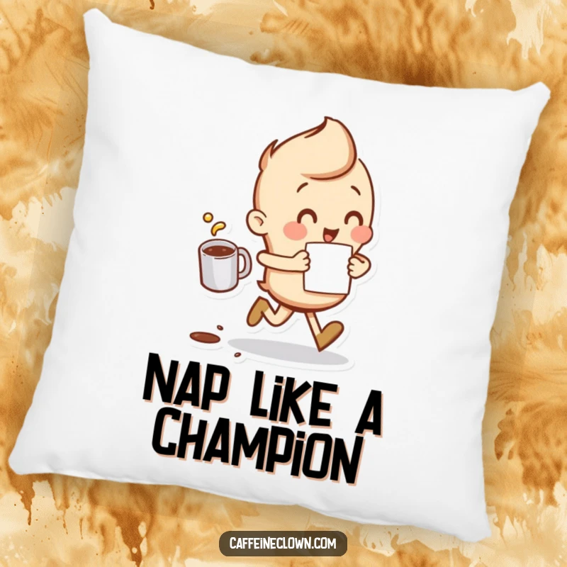 Funny Pillow featuring a character running with a coffee cup and a minor spill, adding cozy humor.