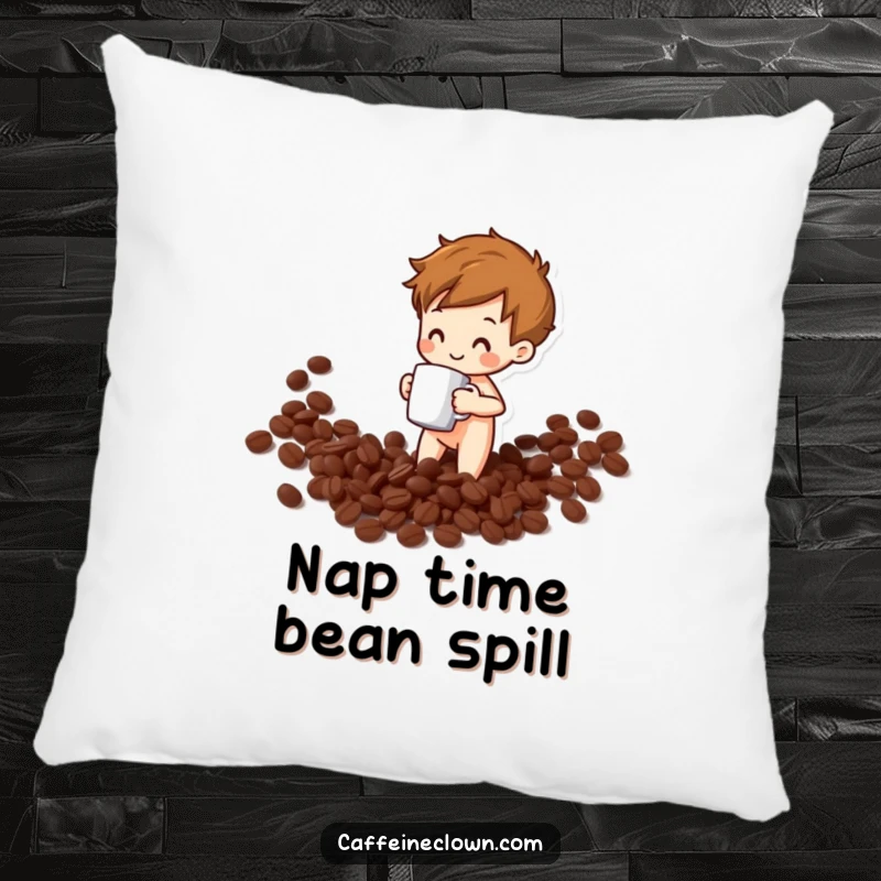 Funny pillow design featuring a character spilling coffee beans with a mug, adding a touch of cozy humor to any room.