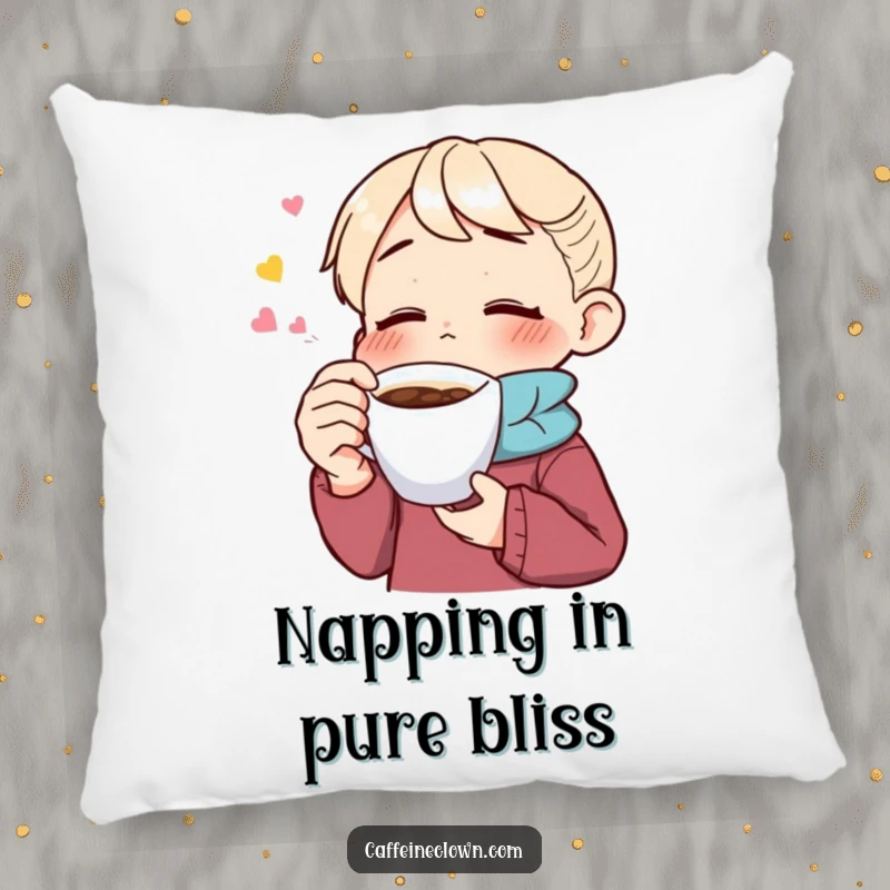 Funny pillow featuring a character savoring a sip of coffee with eyes closed, perfect for adding comfort and a touch of coffee bliss.