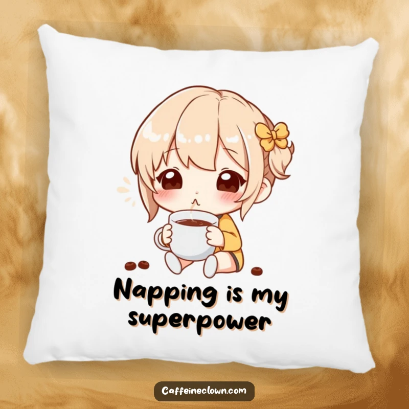 Funny Pillow featuring a character in blissful repose, enjoying the intoxicating aroma of coffee, adding comfort and humor.