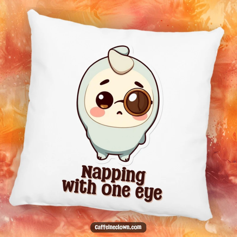 Funny Pillow showing a character wearing a coffee bean monocle, looking surprised, adding humorous decor.