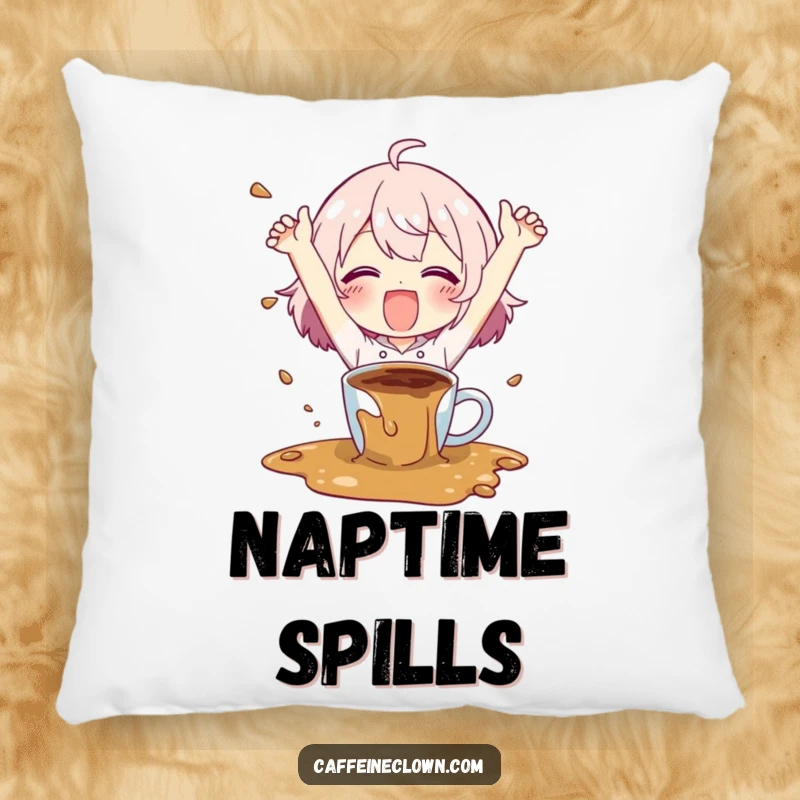 Funny pillow with a character happily spilling coffee with flailing arms, perfect for adding humorous comfort and a touch of chaos.