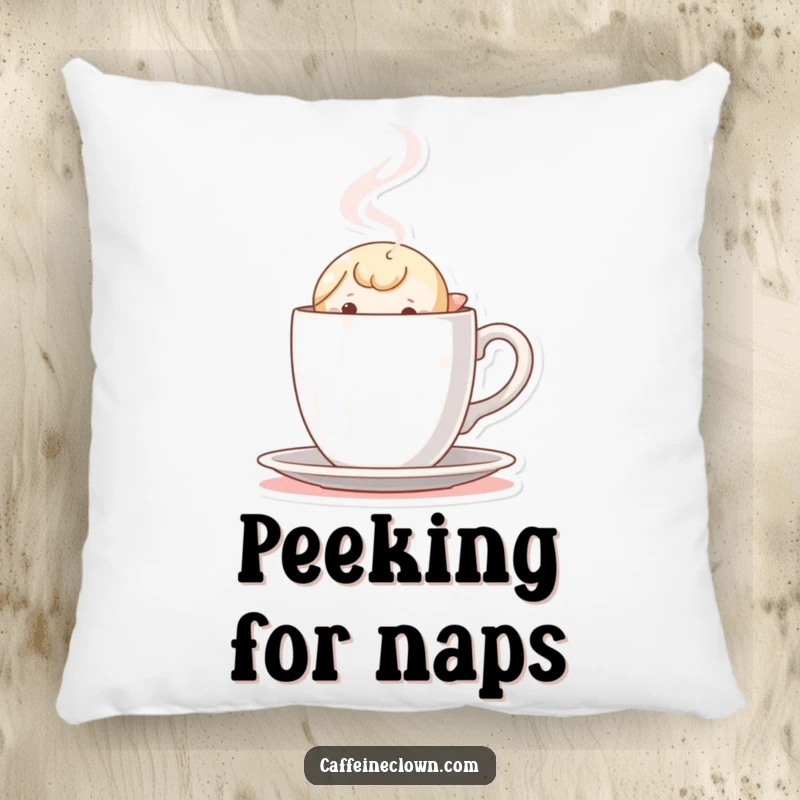 Funny Pillow: Tiny character peeking out with curiosity from behind a steaming coffee cup, a soft and intriguing item.
