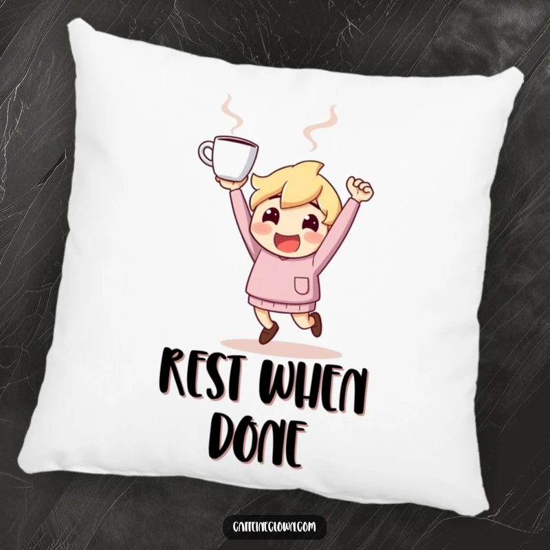 Funny Pillow: Character bounces with high energy, holding a steaming coffee cup aloft, a symbol of pure coffee joy.
