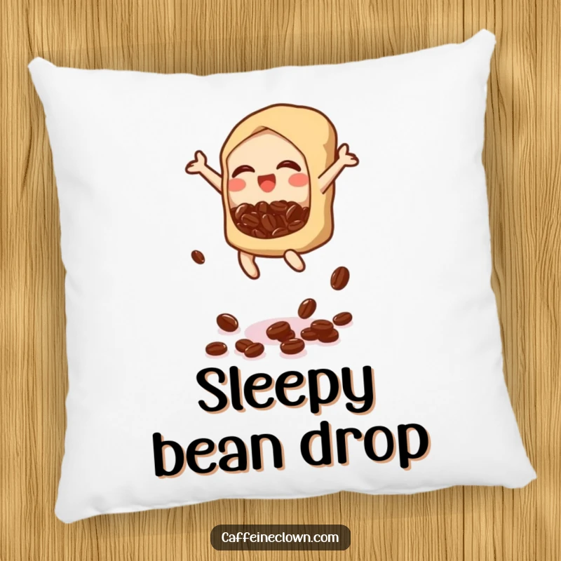 Funny pillow design with a bubbly icon jumping and dropping coffee beans, bringing playful energy and comfort.