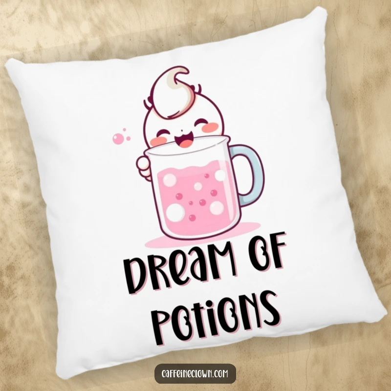Funny pillow featuring a kawaii character happily mixing bubbling liquids in a large mug, offering comfort and a smile.