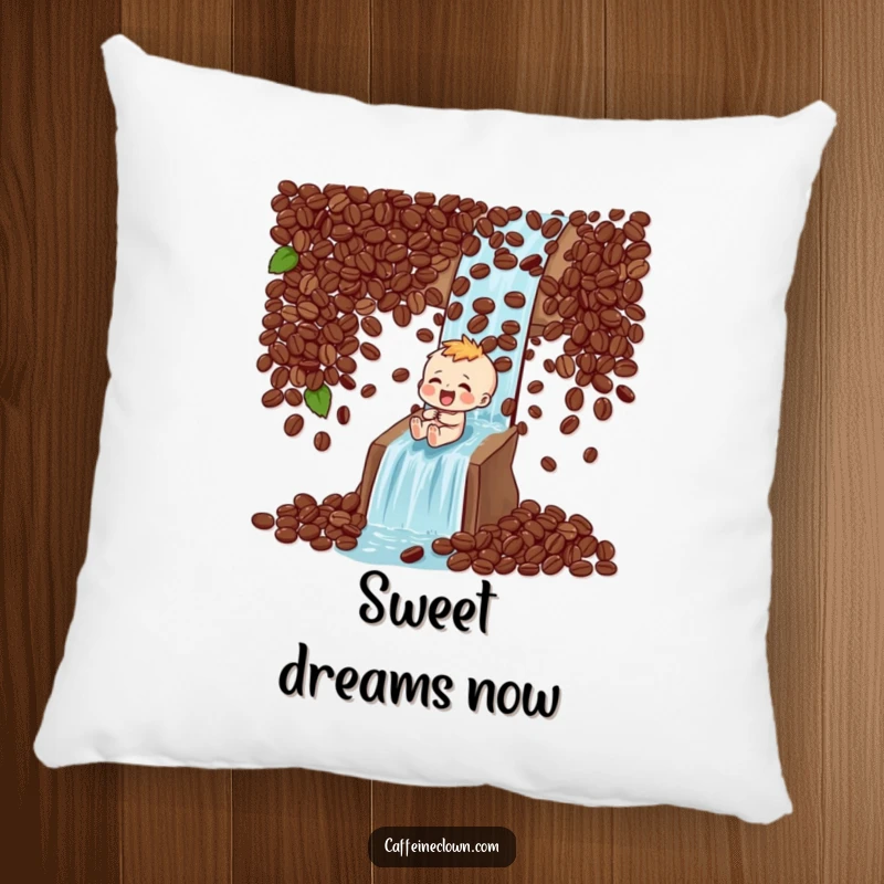 Funny Pillow: Character laughs while sliding down a coffee bean waterfall, a symbol of pure coffee delight.