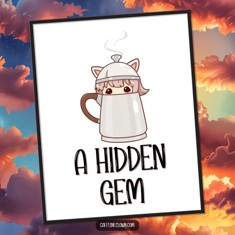 Funny Digital Art Print of a character playfully peeking from behind a steaming coffee pot, ideal for humorous decor.