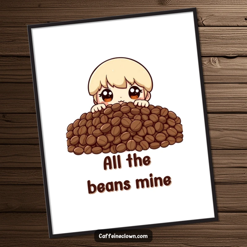 Funny digital art print of a character peeking over a huge pile of coffee beans with wide, excited eyes, expressing pure coffee adoration.