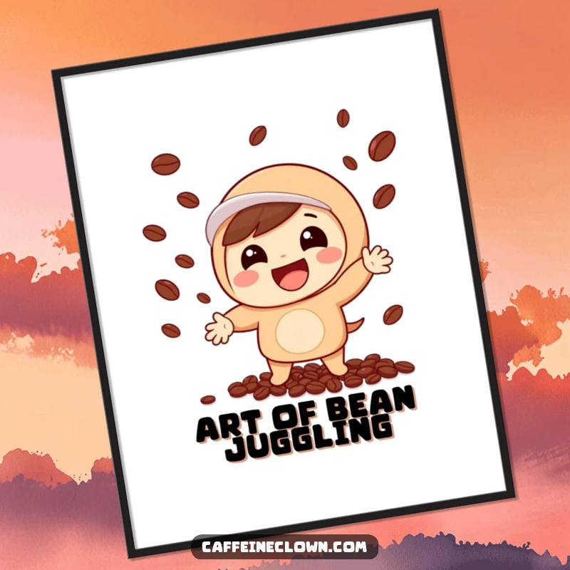 Funny digital art print of a cute character with a huge grin, enthusiastically juggling coffee beans, ready to be printed and framed.