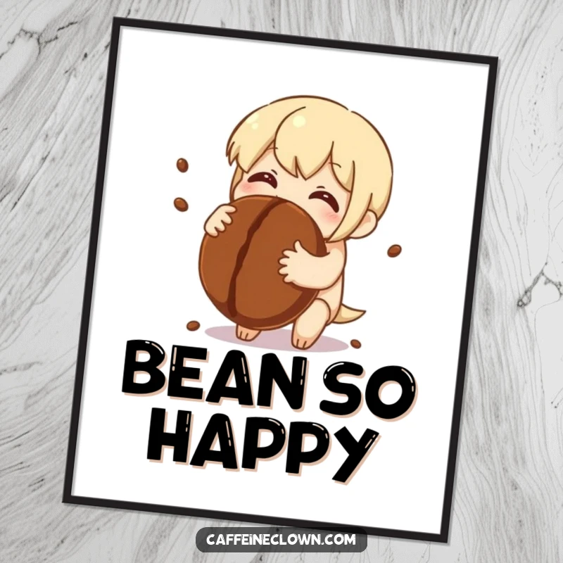 Funny Digital Art Print: Character embraces a giant coffee bean, eyes sparkling with pure delight, a symbol of coffee adoration.