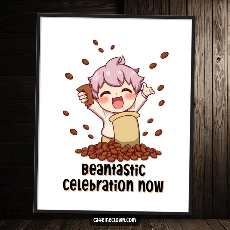 Funny digital art print of a character gleefully shaking a coffee bag, causing a delightful explosion of coffee beans.