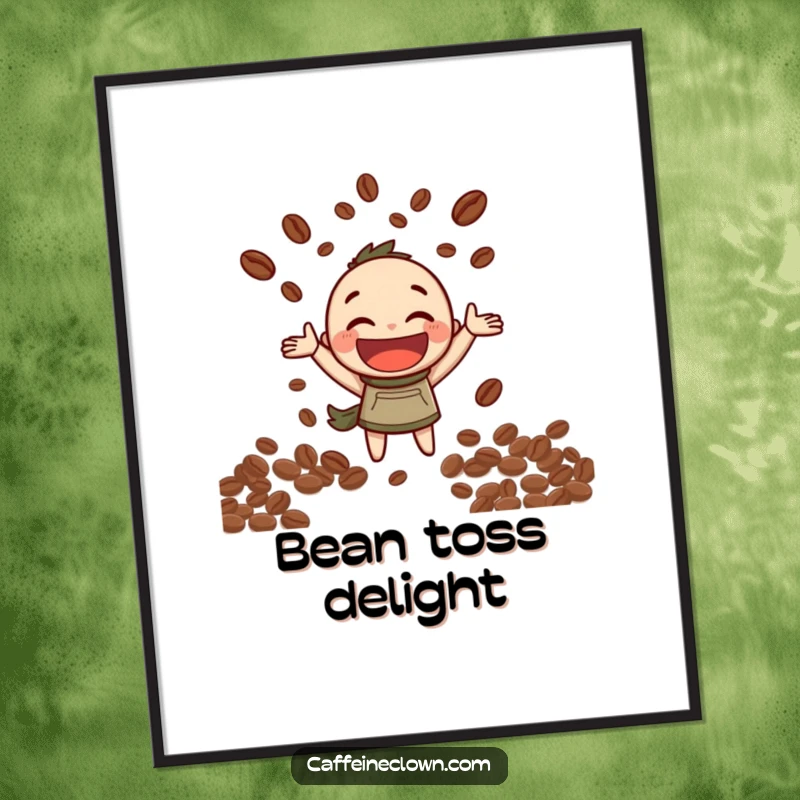 Funny Digital Art Print: Character with a wide grin joyfully juggles coffee beans, celebrating the art of coffee.