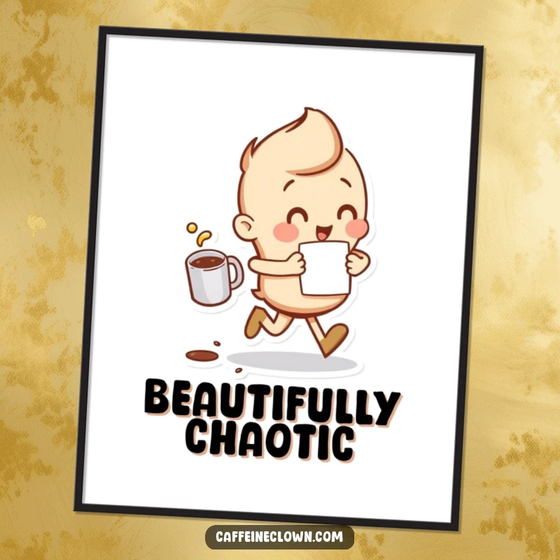 Funny Digital Art Print of a character running with a coffee cup and a small spill, ideal for humorous decor.