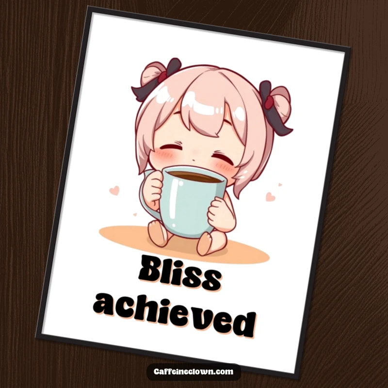 Funny digital art print of a character sipping coffee with eyes closed in pure bliss, offering instant calm decor.
