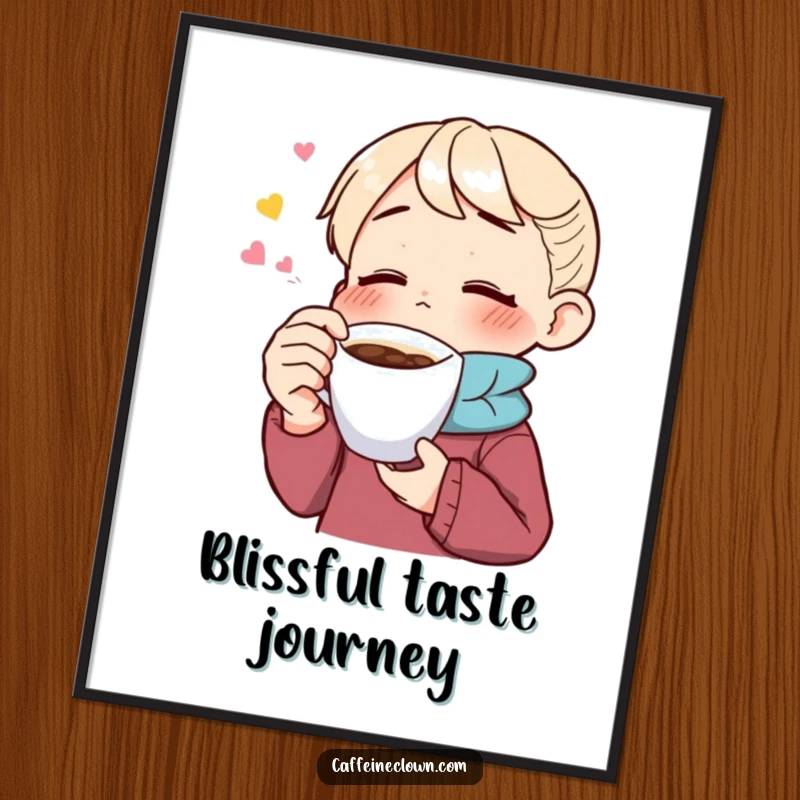 Funny digital art print of a character blissfully savoring coffee with eyes closed, capturing the essence of pure coffee enjoyment and relaxation.