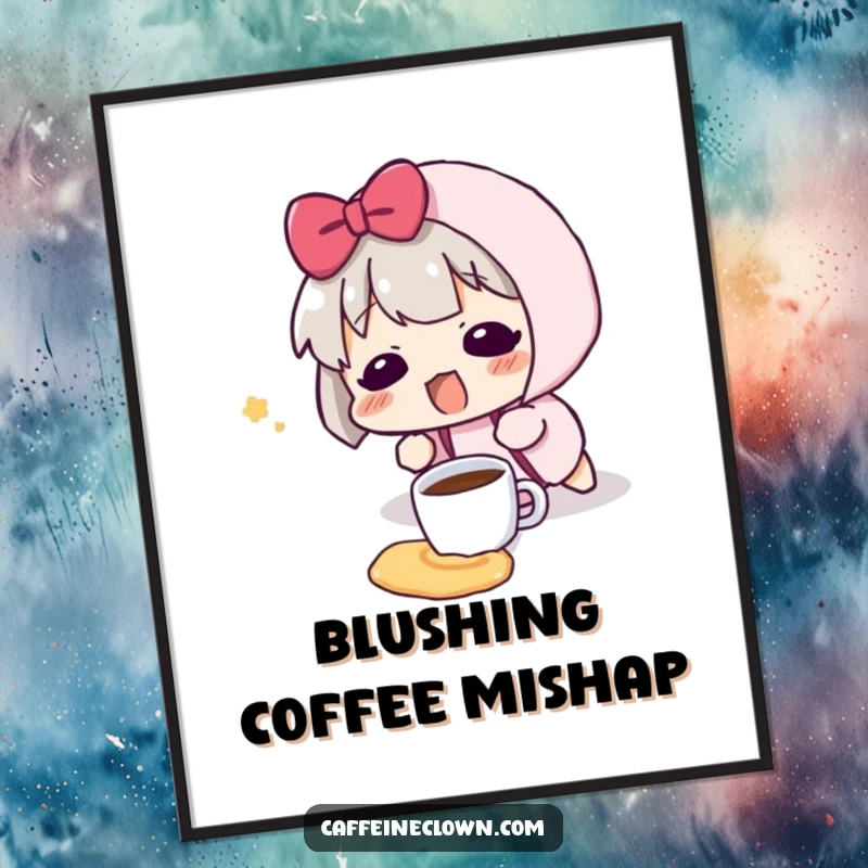 Funny digital art print of a character tripping and spilling a tiny coffee cup, with a surprised blush.