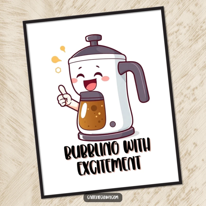 Funny digital art print of an excited character pointing at a bubbling coffee pot, capturing the anticipation and joy of freshly brewed coffee.