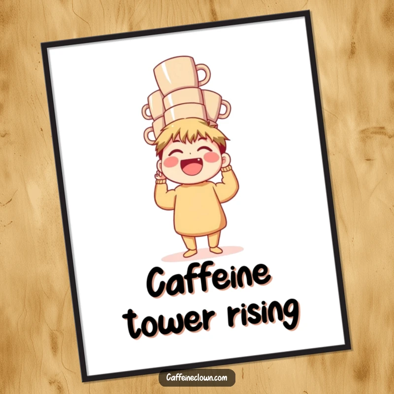 Funny Digital Art Print: A character laughs heartily while balancing a comically tall stack of coffee mugs, celebrating coffee.