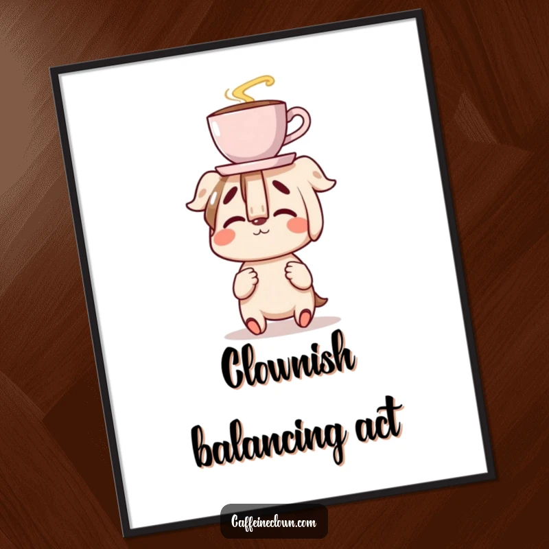 Funny digital art print of a character clumsily balancing a coffee cup on their nose, perfect for instant humorous decor and gifts.