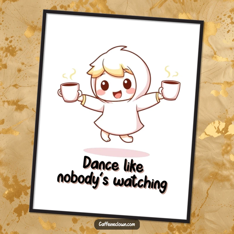 Funny digital art print of a small, energetic character dancing joyfully with two steaming coffee cups, radiating fun and caffeine.