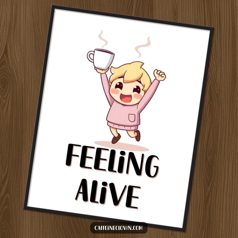 Funny Digital Art Print: Character bounces with electric energy, holding a steaming coffee cup high, a symbol of morning joy.