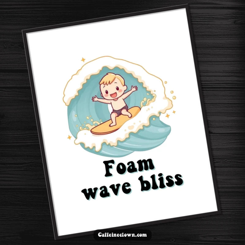 Funny adorable subject joyfully surfing a wave made of latte foam, as a vibrant digital art print.