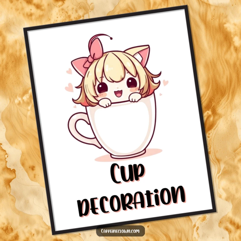 Funny digital art print of a cute character adorning a coffee cup with a playful flourish, ready to be printed and displayed.