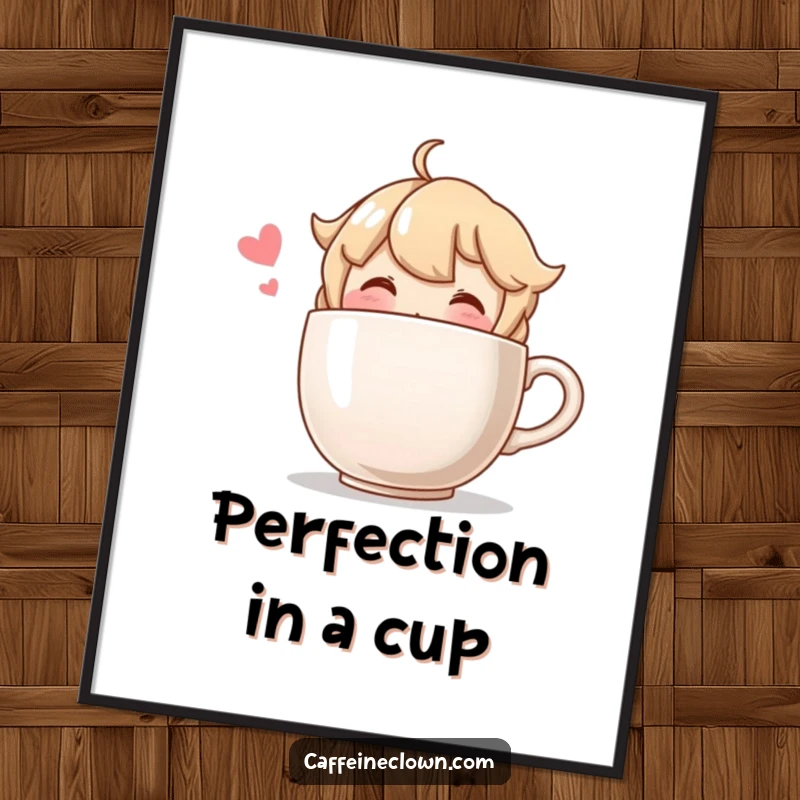 Funny digital art of a blushing character happily sipping from a comically oversized coffee cup, perfect for charming decor.