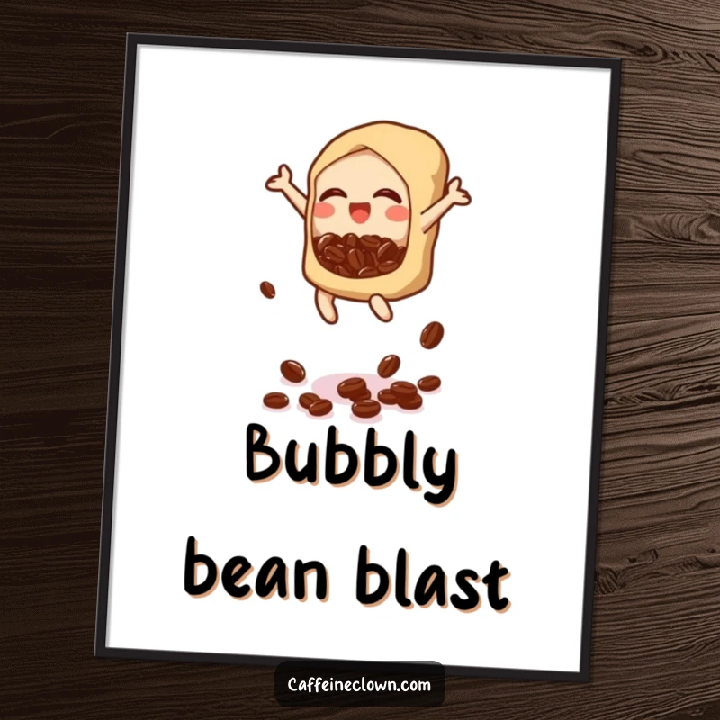 Funny digital art print of a bubbly icon gleefully jumping and dropping coffee beans, a vibrant and cheerful addition to any space.