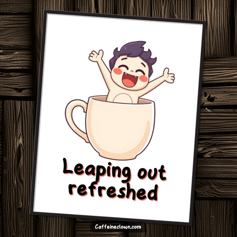 Funny digital art print of a character leaping energetically out of a coffee mug, bringing a humorous and dynamic feel to any space.