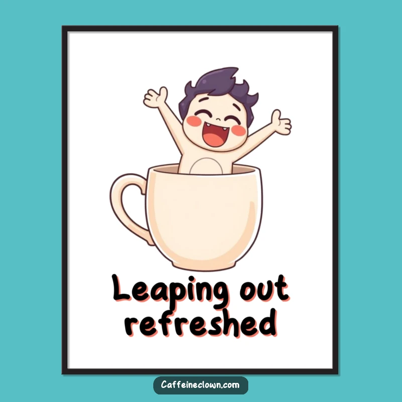 Funny Coffee Art Print: Character's Hilarious Mug Leap!