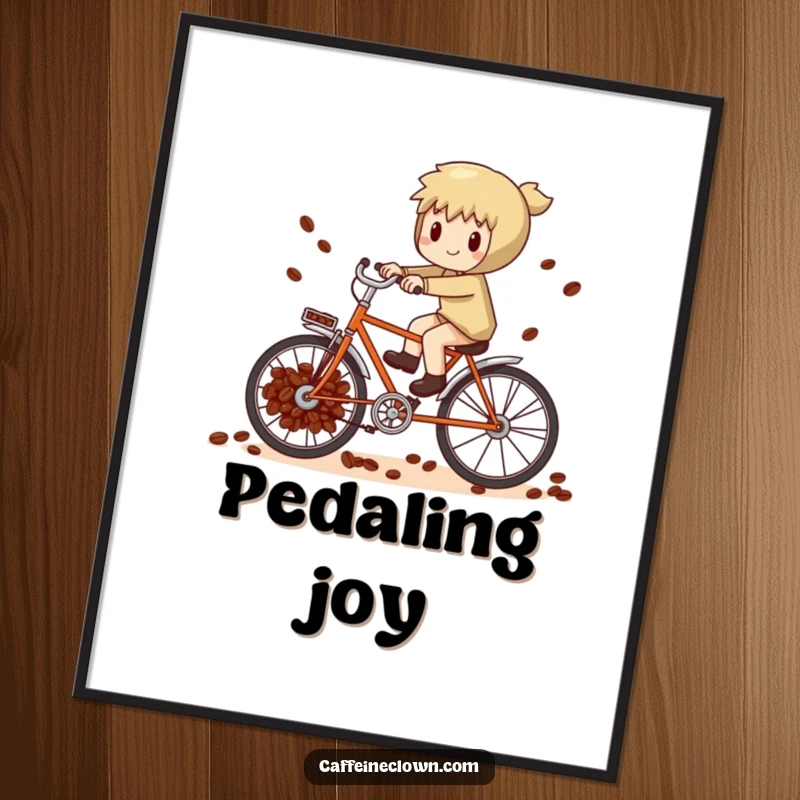 Funny whimsical character attempting to pedal a bicycle powered by coffee beans, as a vibrant digital art print.