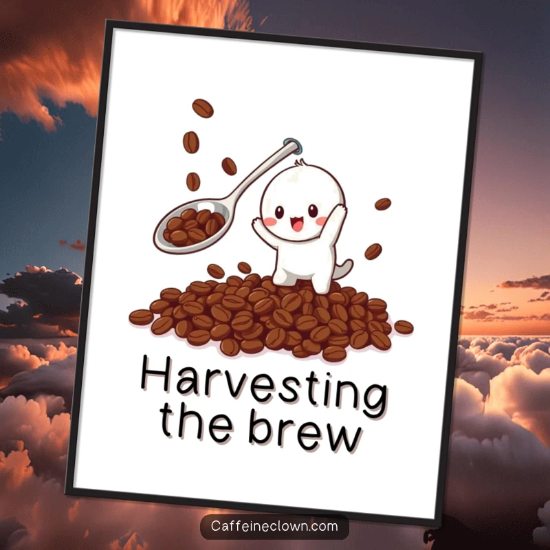 Funny digital art print of a playful character comically trying to catch falling coffee beans with a giant spoon, full of action.