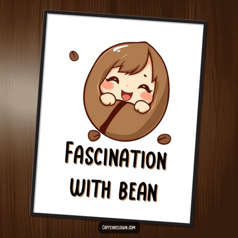 Funny digital art print of a character curiously and cheerfully examining a coffee bean, perfect for instant humorous decor and gifts.