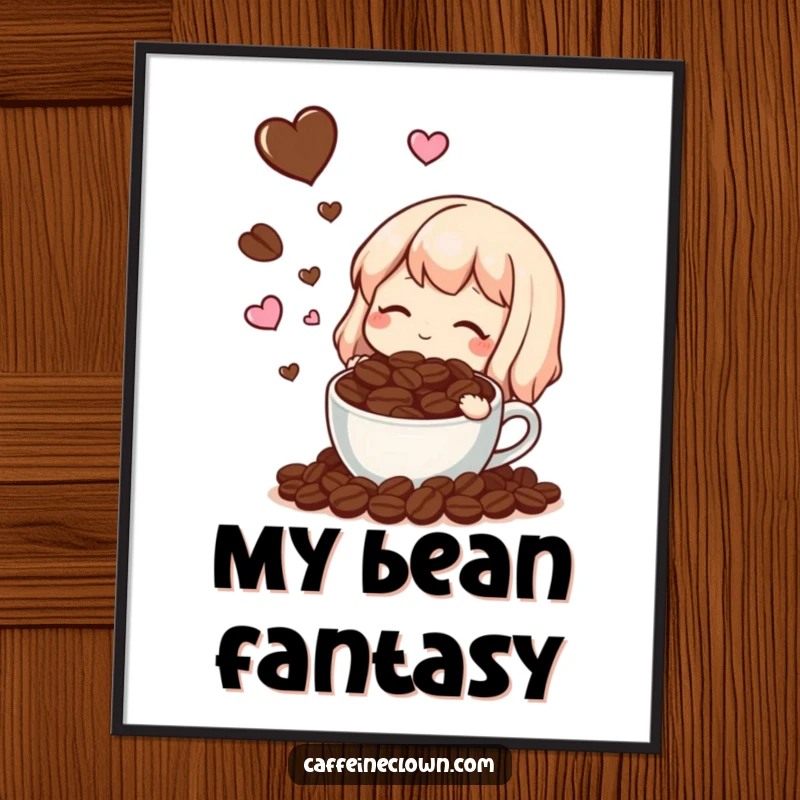 Funny digital art print depicting a character dreaming of coffee beans and hearts, offering instant whimsical decor.