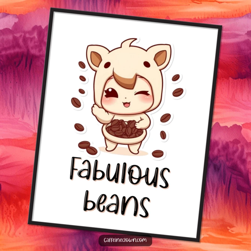 Funny Digital Art Print: Character winking playfully while juggling coffee beans, a vibrant and humorous piece for any room.