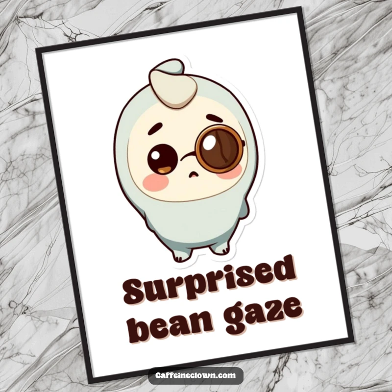 Funny Digital Art Print of a character wearing a coffee bean monocle, looking surprised, ready for printing.