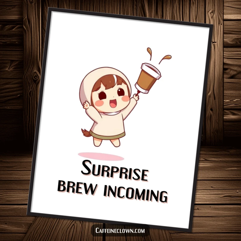 Funny digital art print of a character catching a flying coffee cup with a surprised grin, offering instant decor.