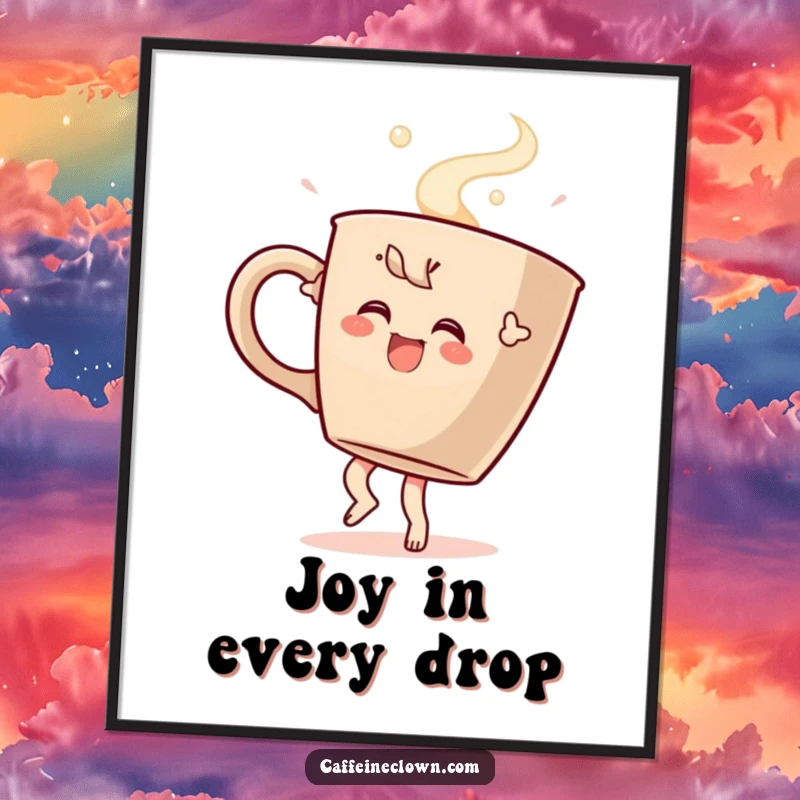Funny digital art print of a character in a lively dance pose with a giant steaming coffee cup, conveying pure coffee-fueled happiness.