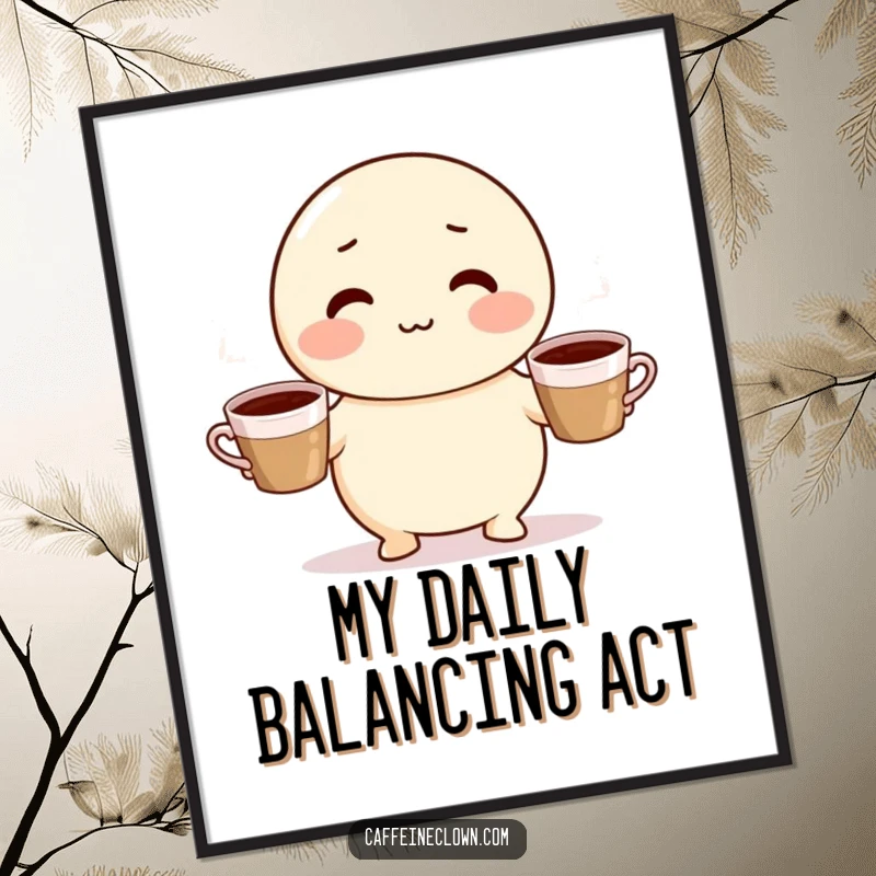 Funny digital art of a cute, round character with rosy cheeks juggling three steaming coffee cups, perfect for vibrant, humorous decor.