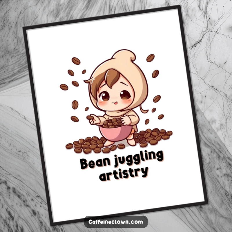 Funny digital art print of a character with playful concentration, expertly juggling coffee beans, symbolizing skill and coffee enthusiasm.