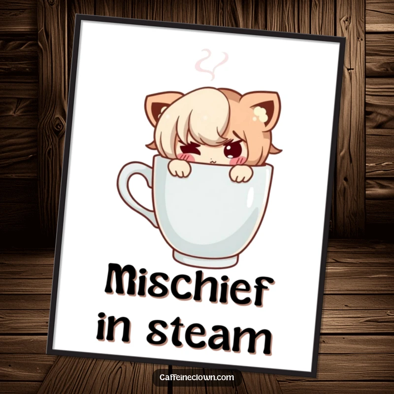 Funny digital art print of a character with a mischievous smile peeking from behind a steaming coffee cup.